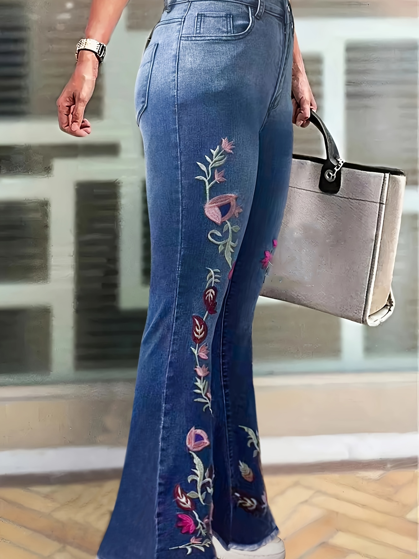 Floral Embroidered Decor Flare Jeans Slant Pockets High - Temu