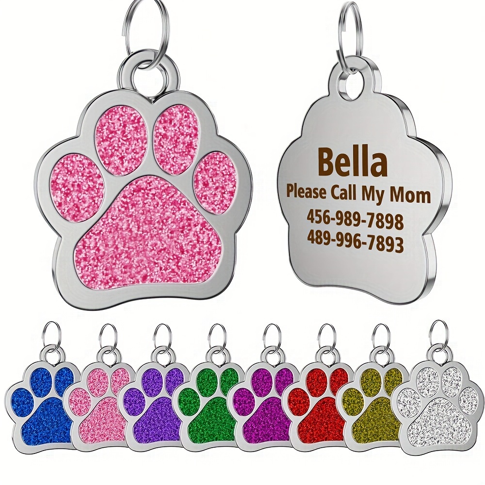 

Custom Engraved Pet Id Tag Pendant - Stainless Steel Glitter Paw Print With Heart, Durable Personalized Dog & Cat Name Tags, Collar Accessories, Ideal Gift For Pet Owners - Pack Of 1