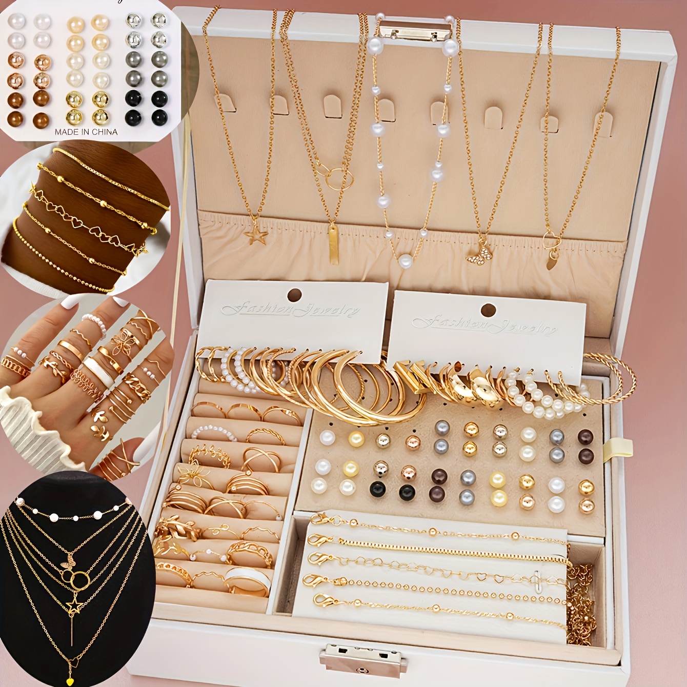 5pcs/91pcs/set Fashionable and Elegant Love Butterfly Five-pointed Star Imitation Pearl Multi-Element Necklace Bracelet Ring Earrings Earrings Five-in-One Jewelry Multi-Set High Value Gift Quick Delivery Halloween Christmas Valentine'S Day Best Choice No Box
