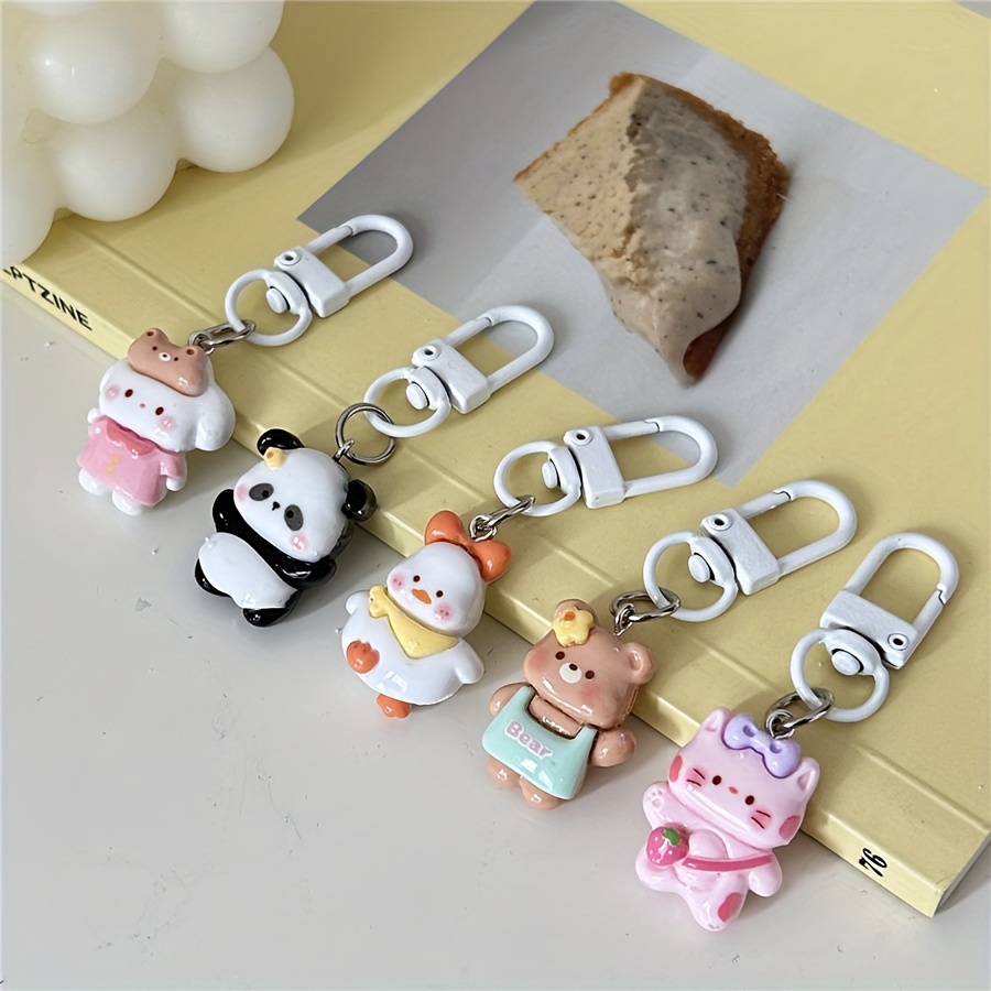 

5-pack Cute Cartoon Animal Keychains, Resin & Alloy, Bunny, Panda, Dog, Lobster Clasp, Decorative Ladies Key Rings, Ideal For Backpacks, Valentine's Day Gift For Couples &