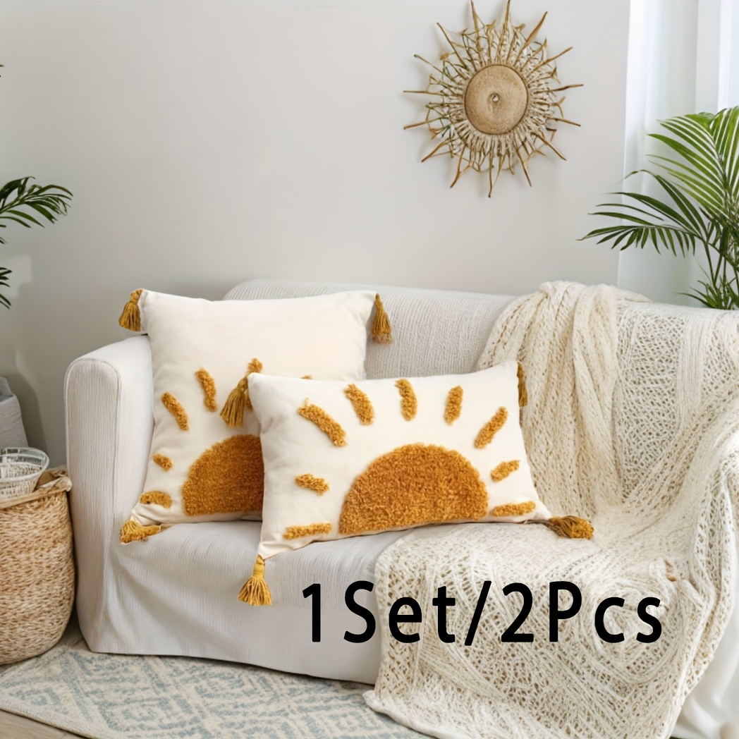 E-shop 2er-Set, Sonnenmuster Getupfte Kissenbezüge mit Quasten, 18In X 18In, 12In X 20In, Frühling Sommer Sonnig Boho Gestickte Deko Kissenbezüge,