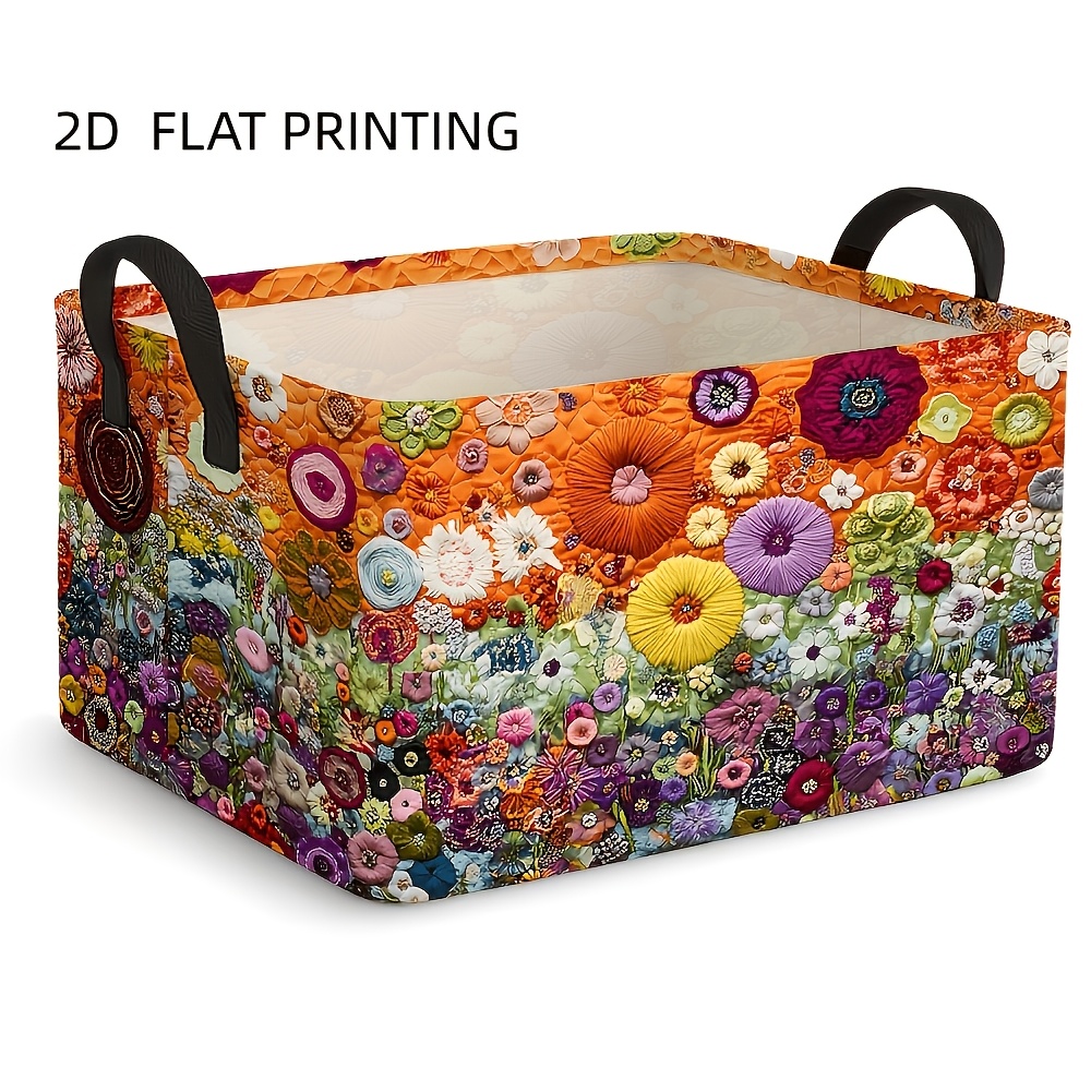 TEMU 1 pièce Panier de Rangement Pliable en Tissu avec Poignée - Boîte Carrée Florale Brodée, Portable Adaptée pour de Maison, Buanderie, Rangement -