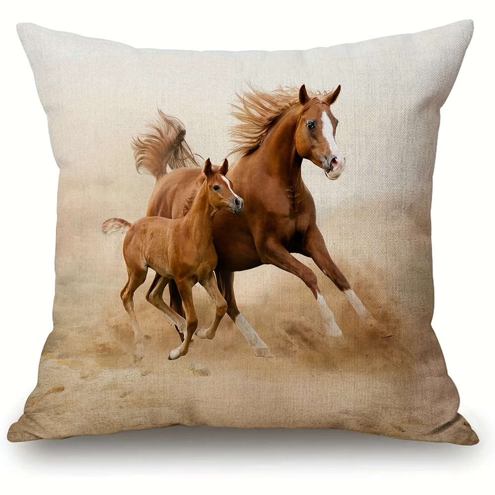 

1pc Horse Throw Pillow Cover - 18x18 Inch, 100% Linen Cushion Case With Zipper For Living Room, Office, And Car Decor - Machine Washable, Vintage Pillow Covers