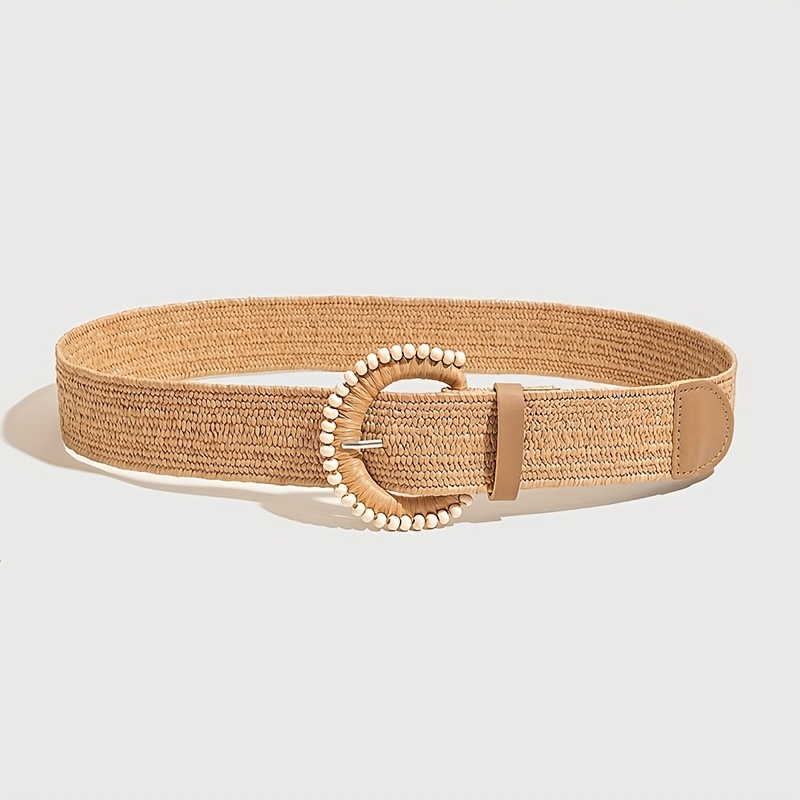 TEMU Ceinture à taille élastique pour femme de style bohème, texture unique avec des touches de perles blanches, parfaite pour les tenues d'été