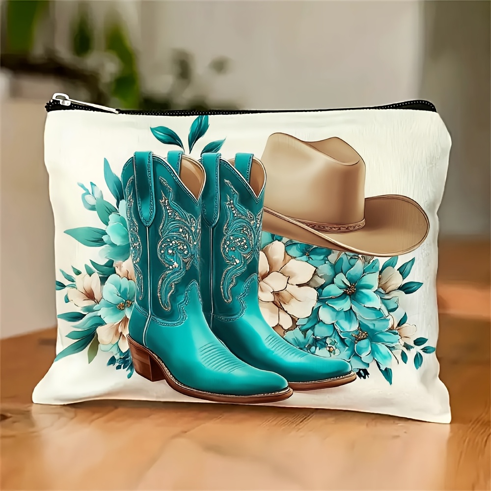 TEMU 1pc Makeup Bag With Cowboy Boots, Hat, And Floral Print - Western Style Toiletry Bag, Women's Zippered Travel Essentials, Multi-functional