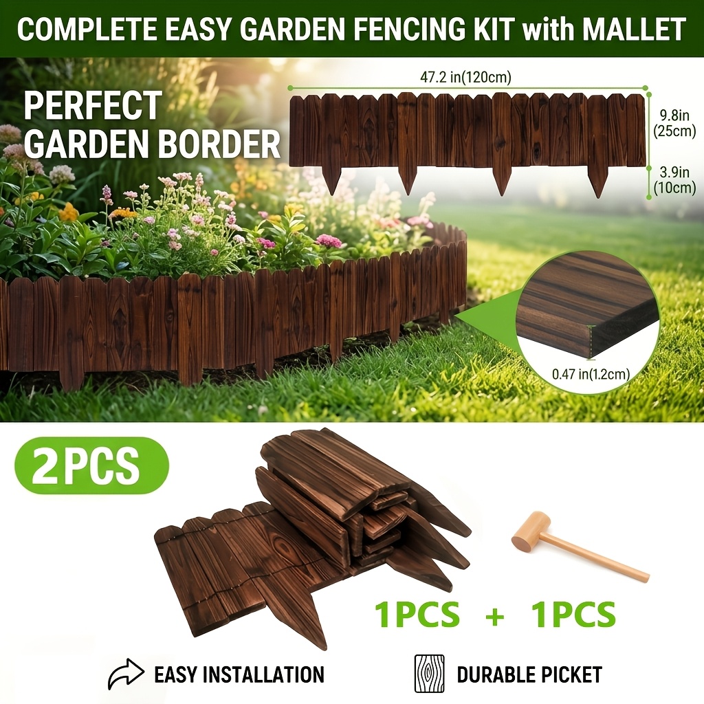 TEMU 【3d】 2pcs Set - Retro Country-style Wooden Garden Fence With A Wooden Hammer. A Pointed Wooden Post Fence With A Outdoor Decoration Style.