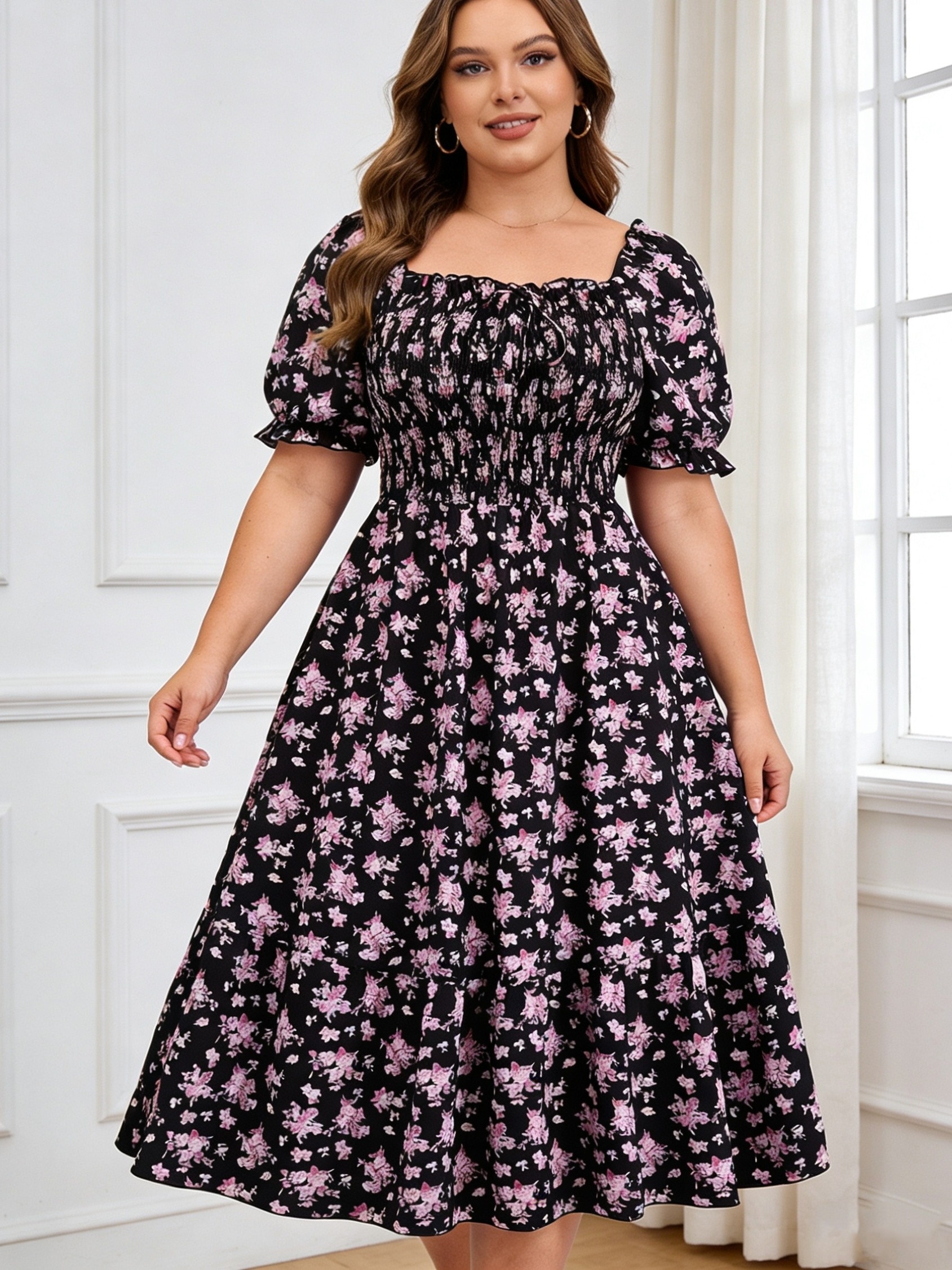 plus size plus size womens waist cinching floral print short sleeve summer dress