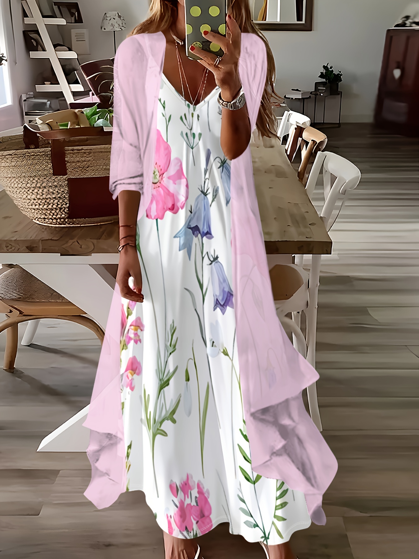 * Pink Printed Dress and Jacket Pink Dress Set