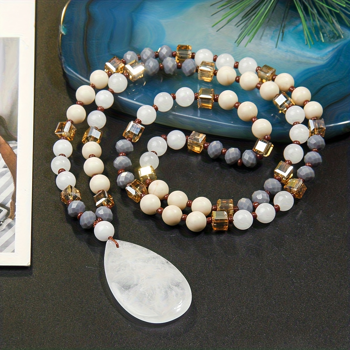 Natural Stone Beads Necklace with Hand-Rolled Beads for Women