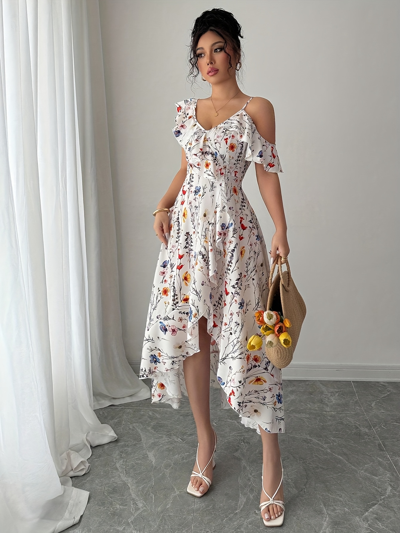 white asymmetrical ruffle dress Celeste White Asymmetrical Ruffle Maxi Dress, M