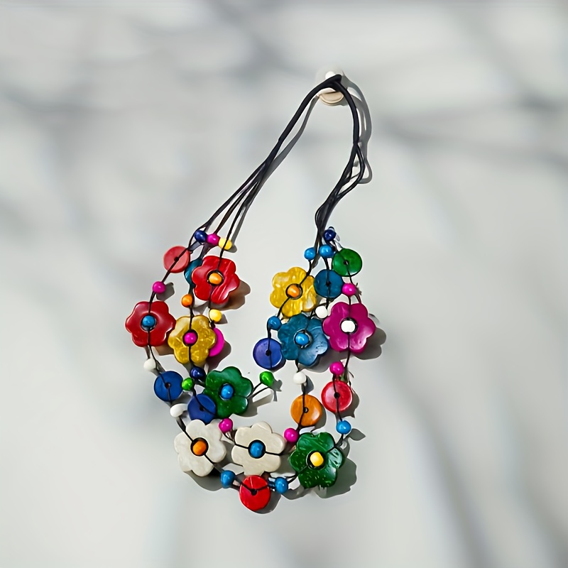 E-shop Handgefertigte Bohemian Vintage Mehrschicht-Halskette – Hochwertige recycelte Holzperlen mit farbenfrohen Blumenakzenten, Boho-Chic Schmuck für