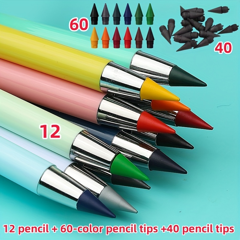 Image of 12 Pens +60 Colored Lead Tips +40 Tips, Ink-free Pens For Erasing, Never- Pencils, To Sharpen, Never- Pencils, Art Drawing, Sketching Pencils