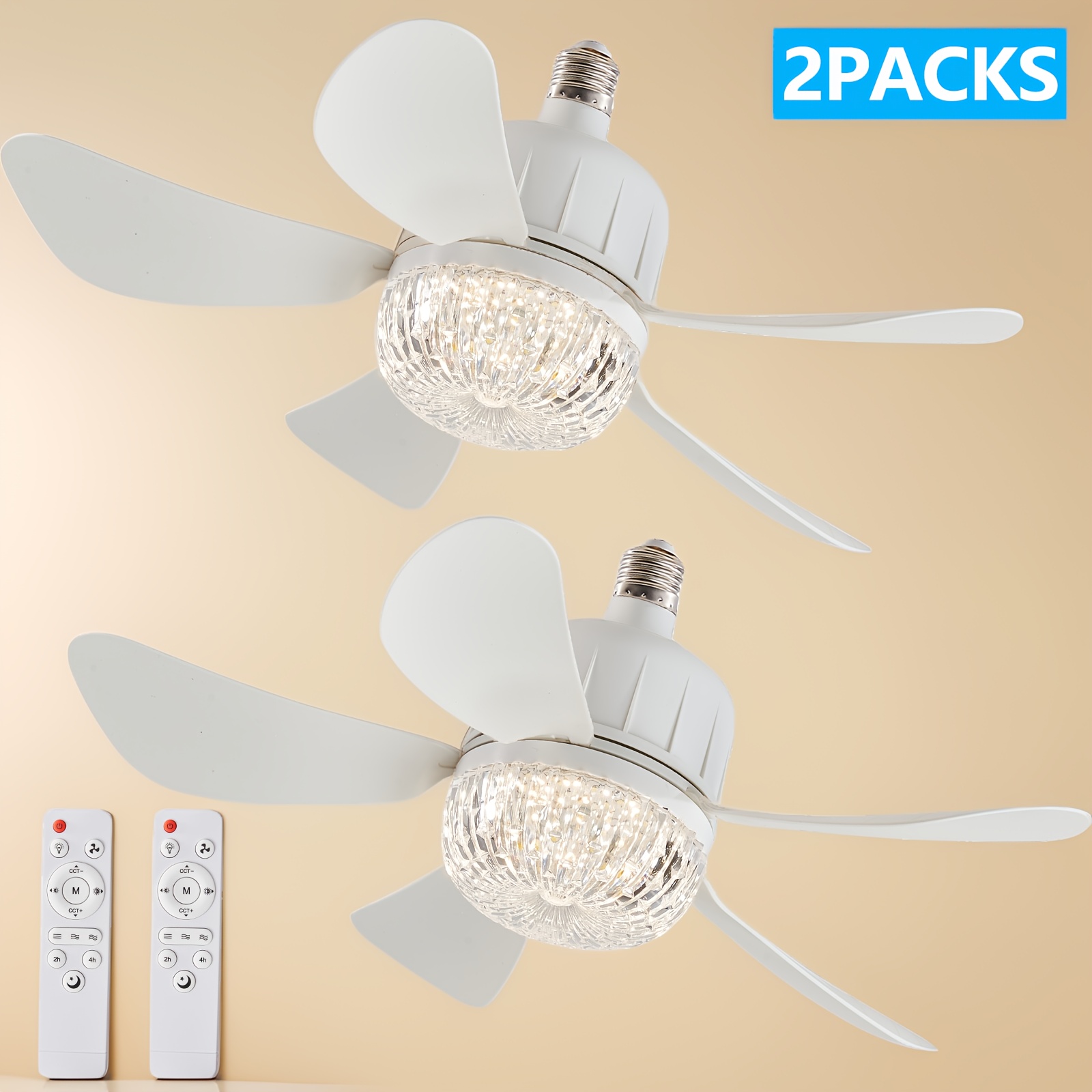 TEMU Lot de 2 ventilateurs de plafond à douille avec éclairage, télécommande, ampoule LED E26, ventilateur de plafond à visser dans la douille pour