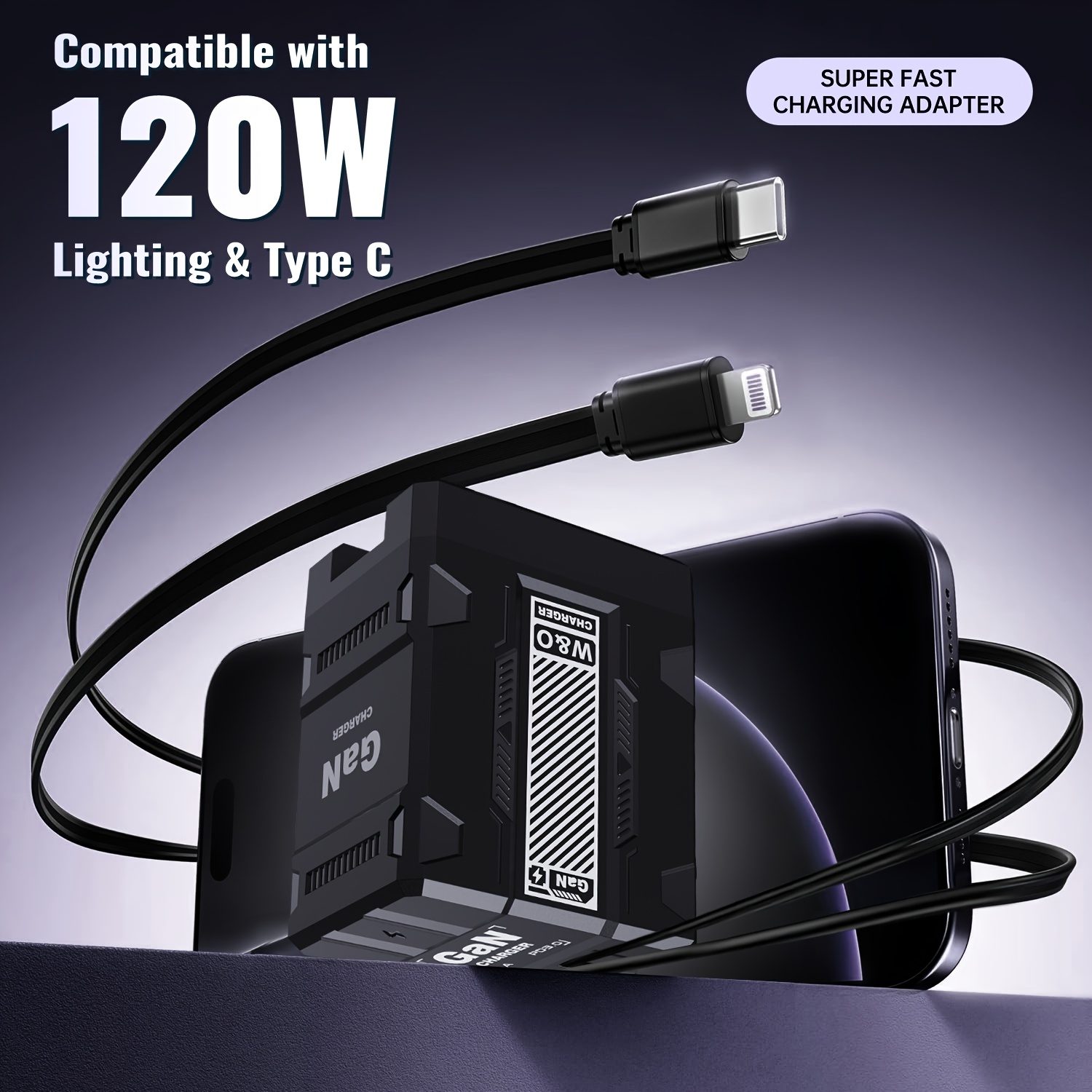 TEMU Protable 120w Gan Fast Charger, 120w Charging Head, With Extendable Cable (foldable Plug), Equipped With Portable Extendable Charging Plug,