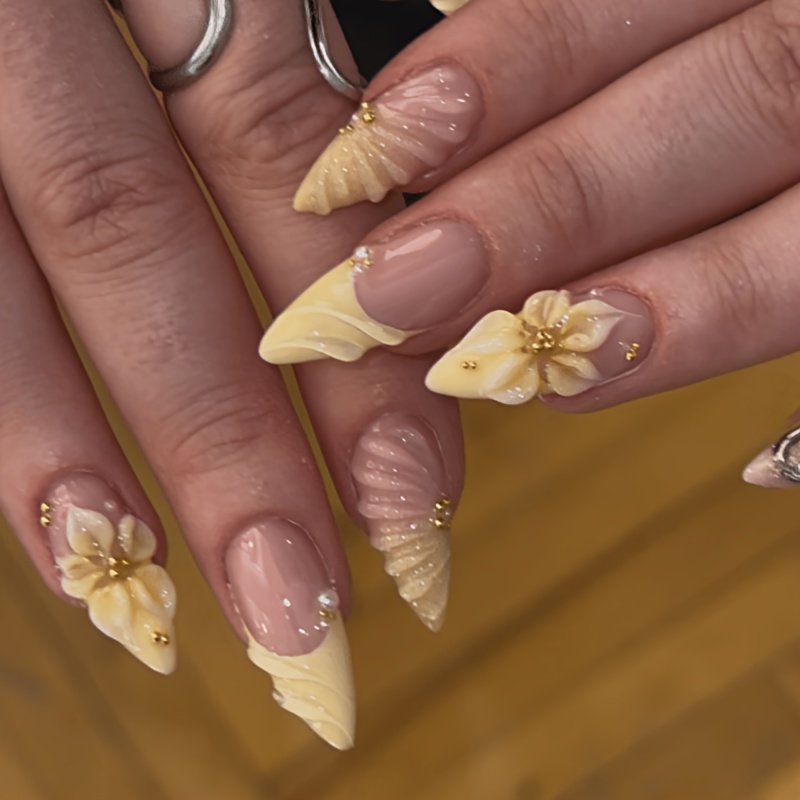 TEMU 24pcs Medium Long Almond Press-on Nails Elegant Yellow With 3d And Foil Details Luxury Glossy Full Cover Reusable Fake Nails Nail Tips Press-on