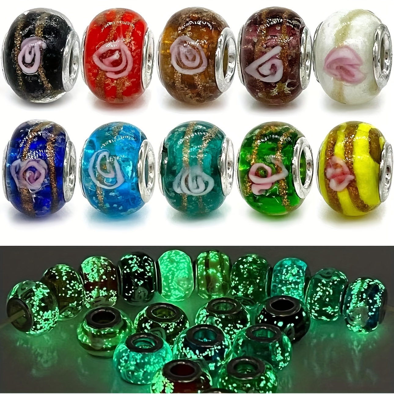 

10pcs Glow-in-the-dark Firefly Glass Beads 14mm - Large Hole, Perfect For Diy Jewelry Making