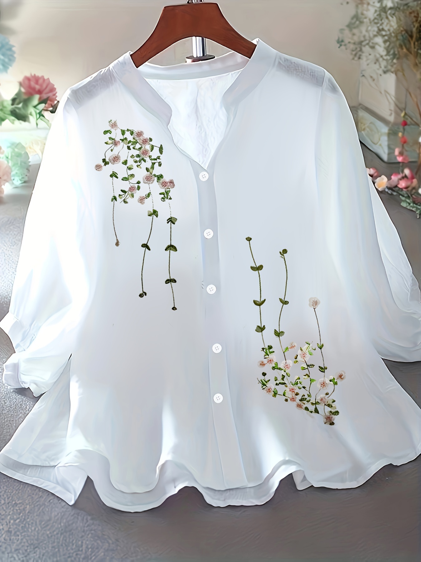 Çiçek Desenli Basit Bluz, Zarif Düğmeli Ön Stand Yaka Bluz, Kadın Giyim