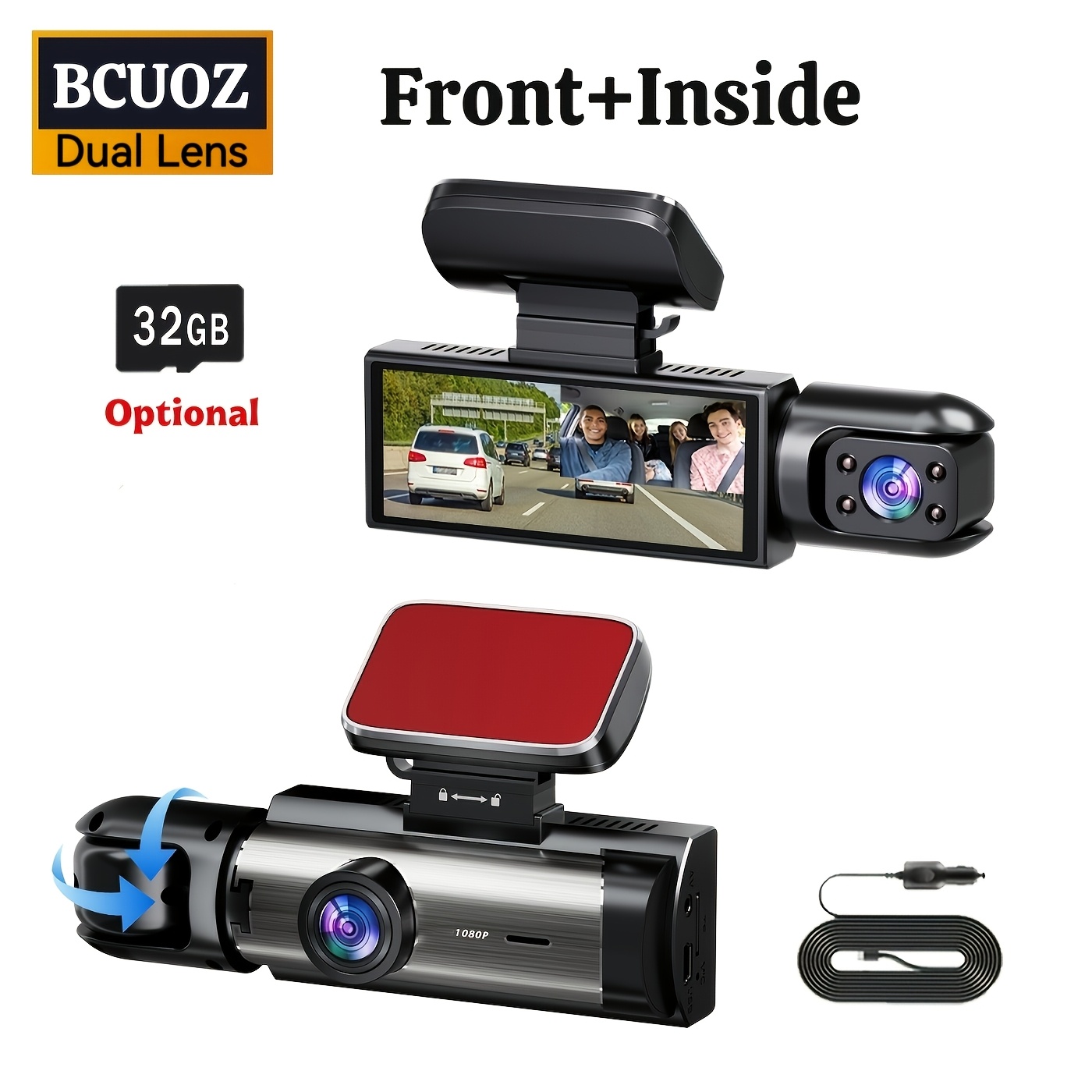 item picture   1080  accessories dual cameras dashcam front 1080p and inside 480  camera with ir   loop recording wide angle car dvr camera with   inch ips screen dual lens car dashboard video cam 32gb sd card  