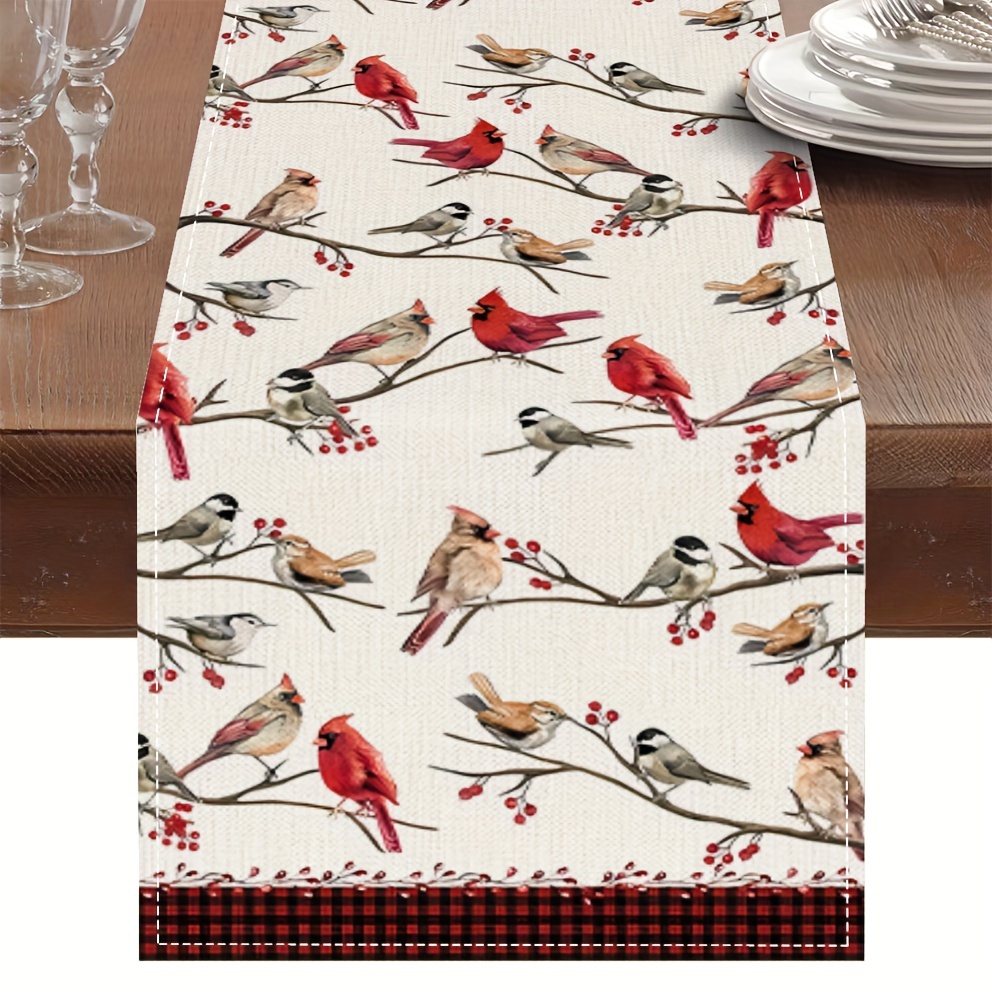 

1pc, Linen Winter Christmas Red Bird Table Runner Farmhouse Kitchen Table Home Party Decorations Christmas Indoor-outdoor Decorations 13x48/13x72/13x108/inch