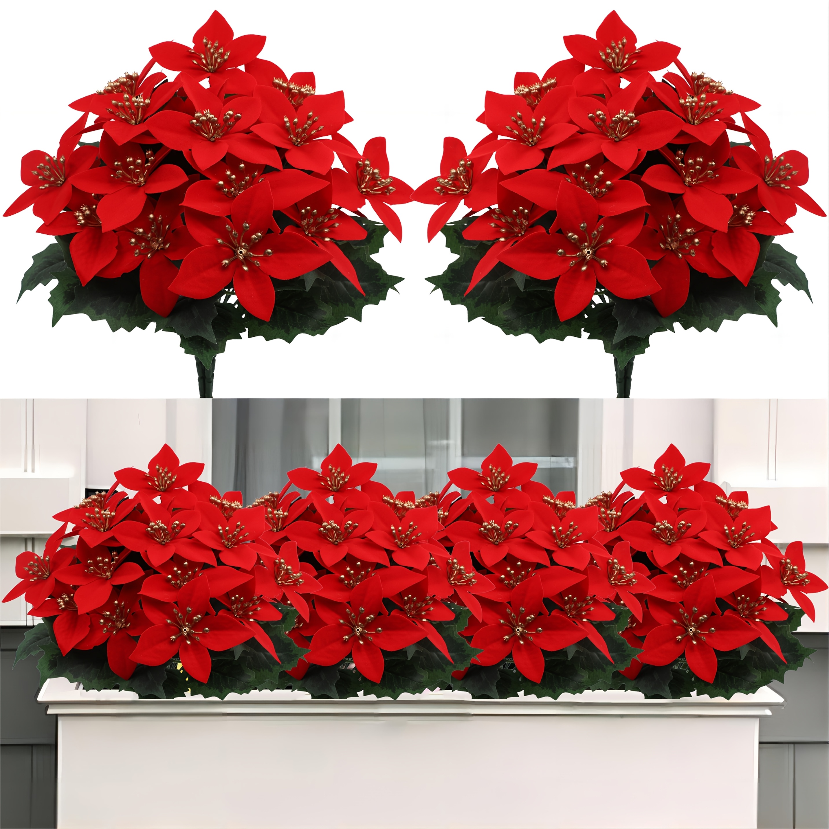 

2pcs Artificial Poinsettia Bushes, Plastic Christmas Flowers, Holiday Decor For Indoor & Outdoor, Tabletop , With No Container Included For Christmas, Halloween, Thanksgiving