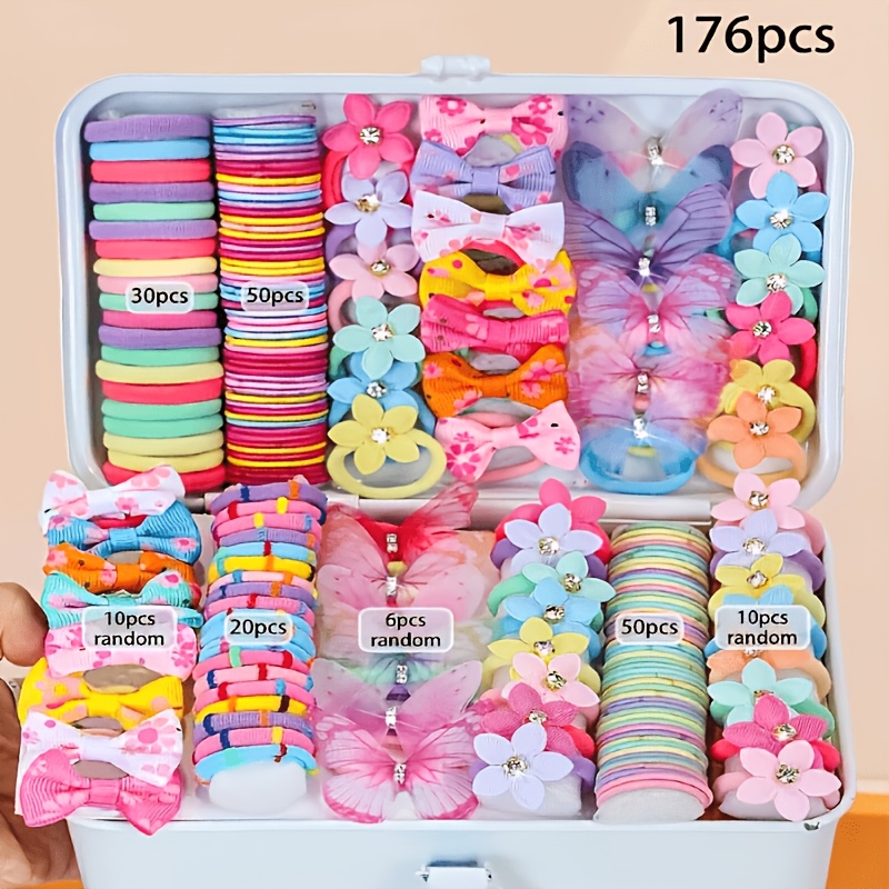 TEMU Random 176pcs Cute Colorful Hair Additions Set, Rhinestone Flowers And Bow Hair Ties, Multicolor Elastic Hair Bands, Soft And Hair-friendly,