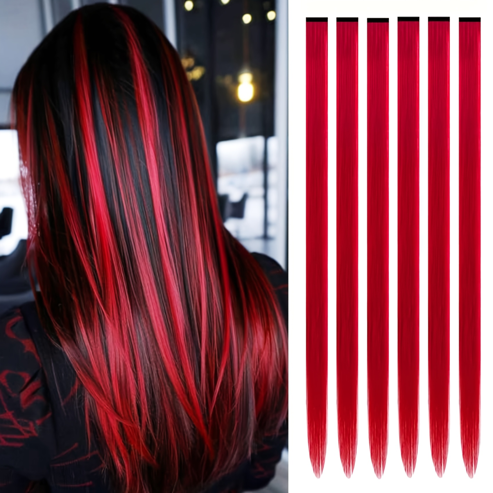 E-shop Rote 6-teilige bunte Haarverlängerungen 24 Zoll hitzebeständige synthetische Haar Straight Wig Haarteil Damen Party Geschenk Geeignet für