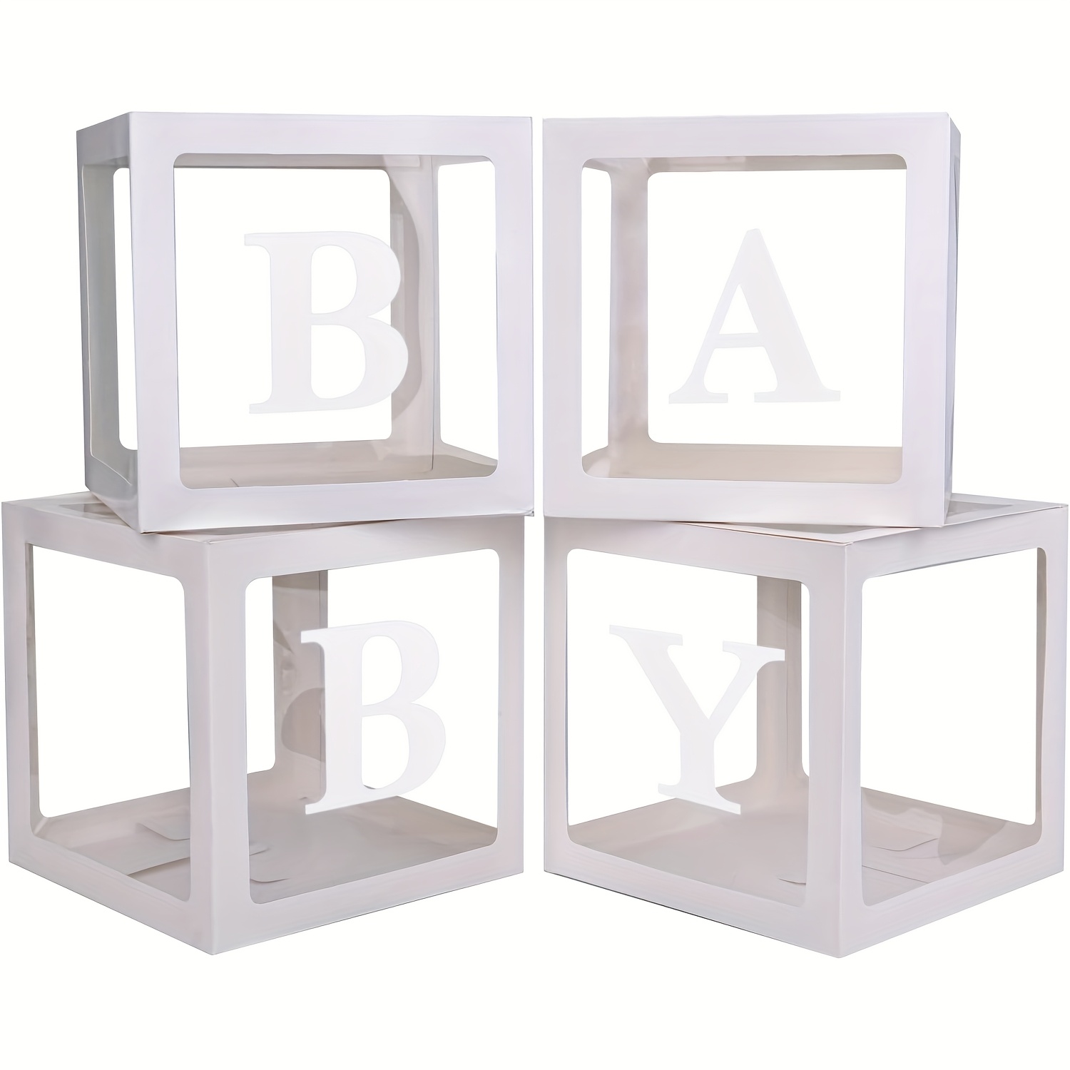 set of 4 transparent balloon boxes including 4 letter pieces for showers gender reveal events and birthday celebrations   high quality white boxes are perfect for decorations