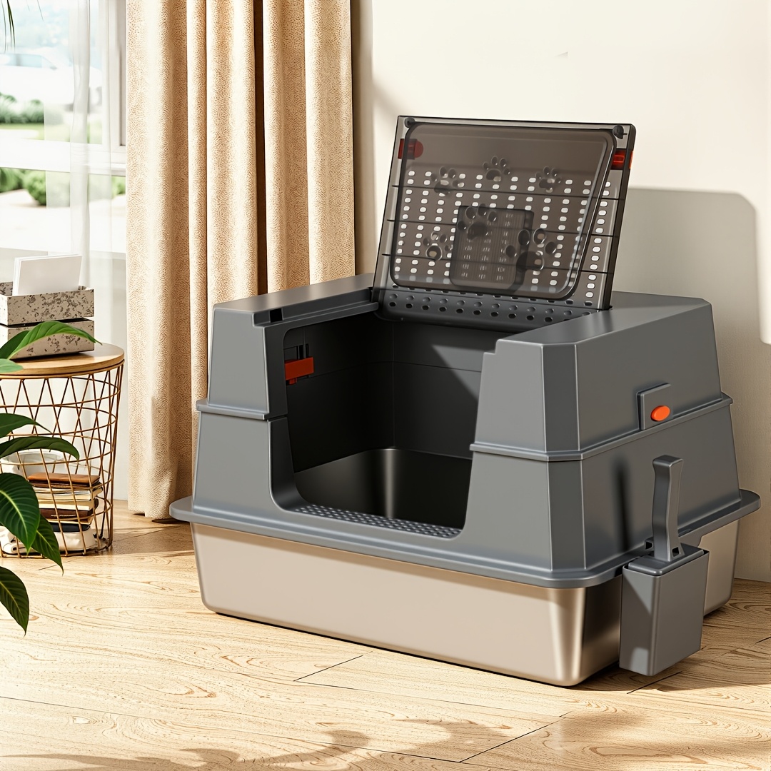 Image of Metal Cat Litter Box Stainless Steel Cat Litter Tray 70x50x43cm Extra Large Cat Litter Tray With Removable Lid & Scoop Anti-slip Pedal Ventilation Skylight Non-slip Mat
