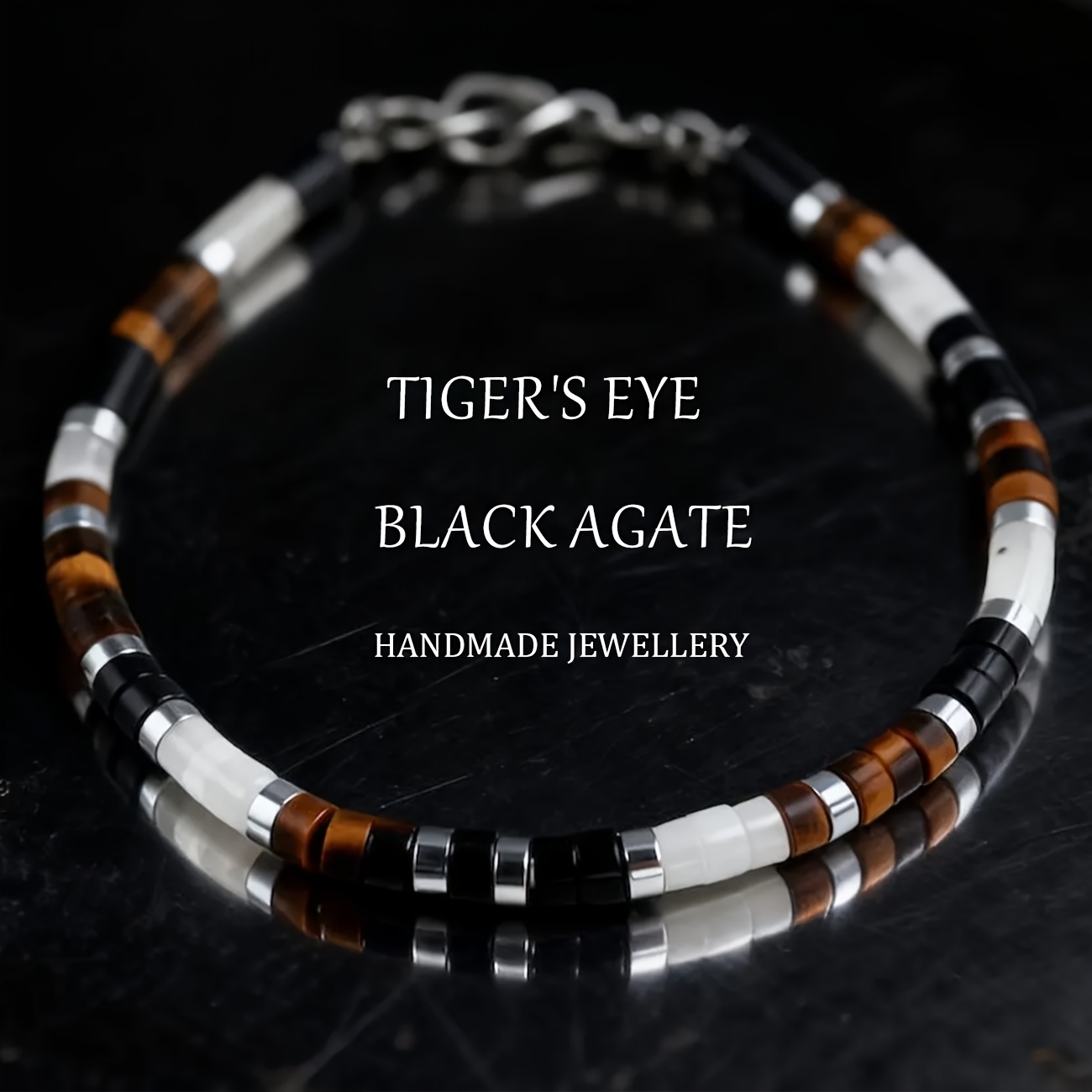 TEMU Herenarmband van Tijgeroog en Zwarte Agaat met Zilverkleurige Accessoires, Symbool voor Succes, Moed en Kracht. Een Stijlvolle Herenarmband