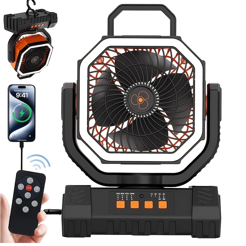 Camping Fan Rechargeable, 20000mah Large Battery Powered Fans, Rechargeable Fan Portable With Remote, Cordless Battery Operated Fans With Led Light And Hanging Hook For Camp Outdoor, Orange