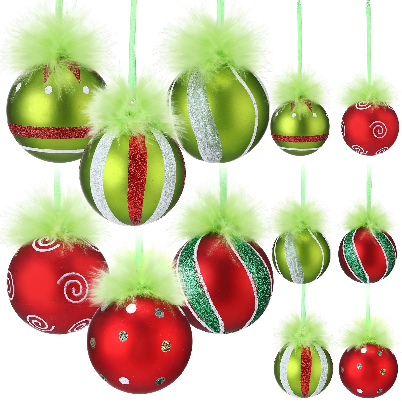 TEMU 12pcs Christmas Ball Ornaments With Fuzzy Lime Green Hair, Glittering Plastic Hanging Decorations, Furry Elf Red And Green Balls, Christmas Tree