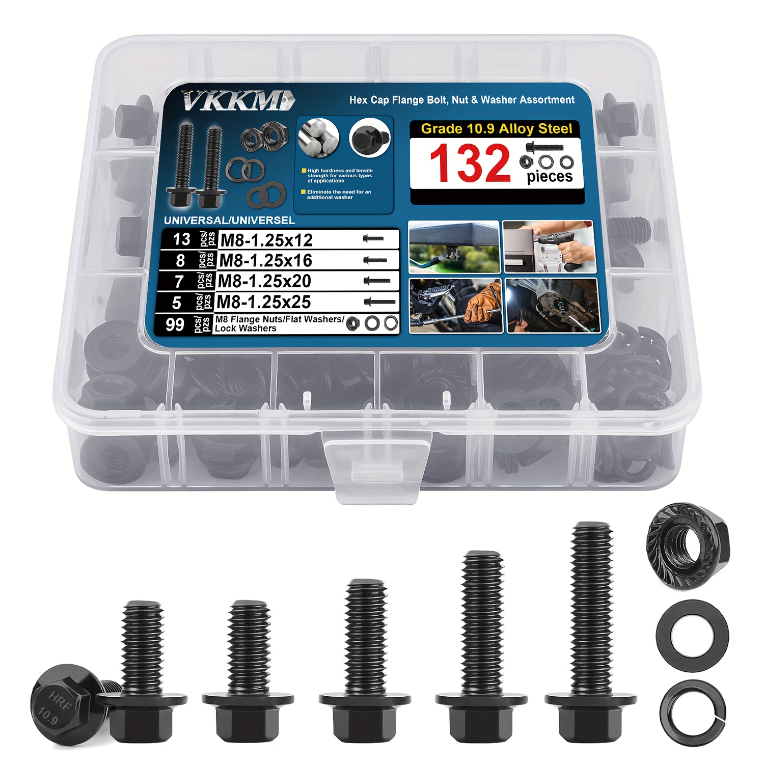 

132 Pcs M8 Hex Cap Flange Bolt Assortment Kit/screws, Nuts & Washers/black Oxide, M8-1.25 X 12/16/20/25mm, Reusable Storage Case With Adjustable Dividers
