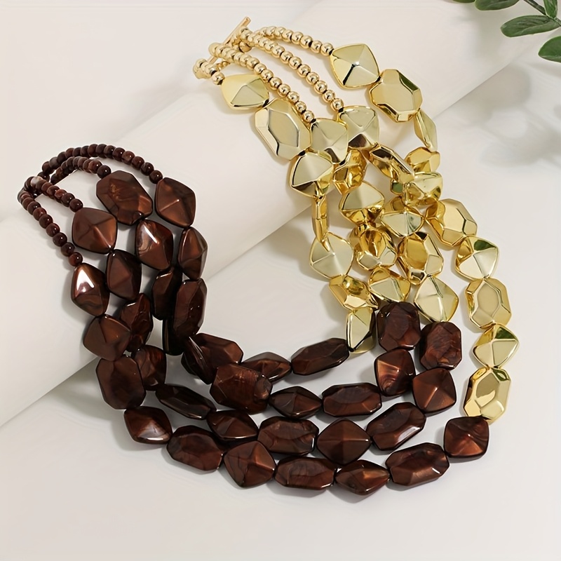 TEMU Collana vintage boh矇mien a pi羅 con perline geometriche dorate e marroni, 1 pz