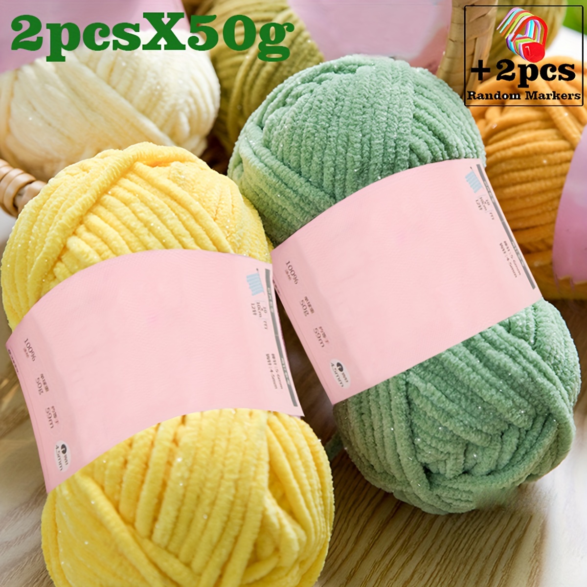 

2pcs 50g Chenille For Diy Knitting - Includes 2 Markers - : 4.5mm, Length: 59m/2322in - Suitable For Art, Crafts & Sewing - Chenille Of Polyester