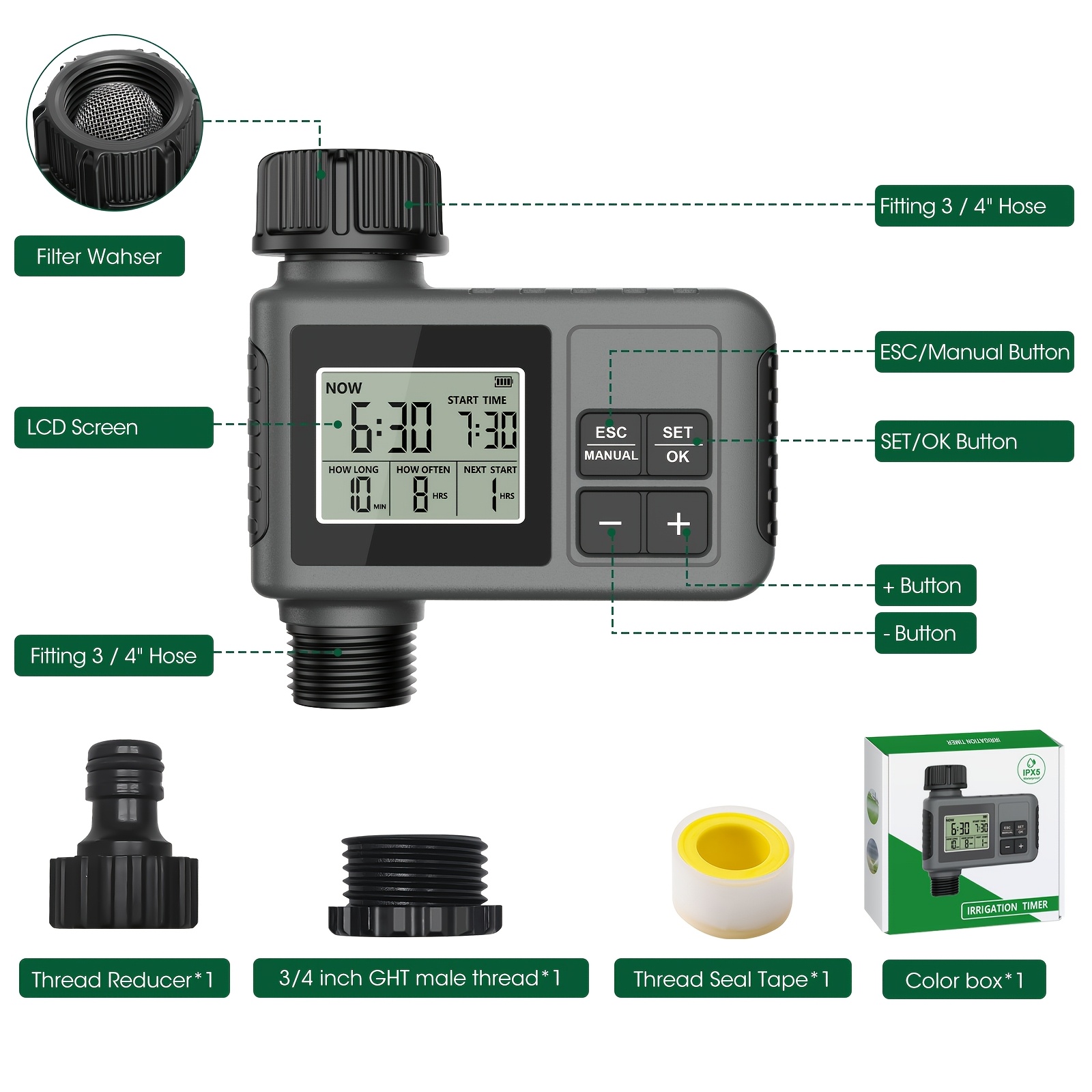 TEMU Temporizador de agua digital automático con de 3/4", controlador de riego IP55 con retraso por lluvia y bloqueo para niños, temporizador