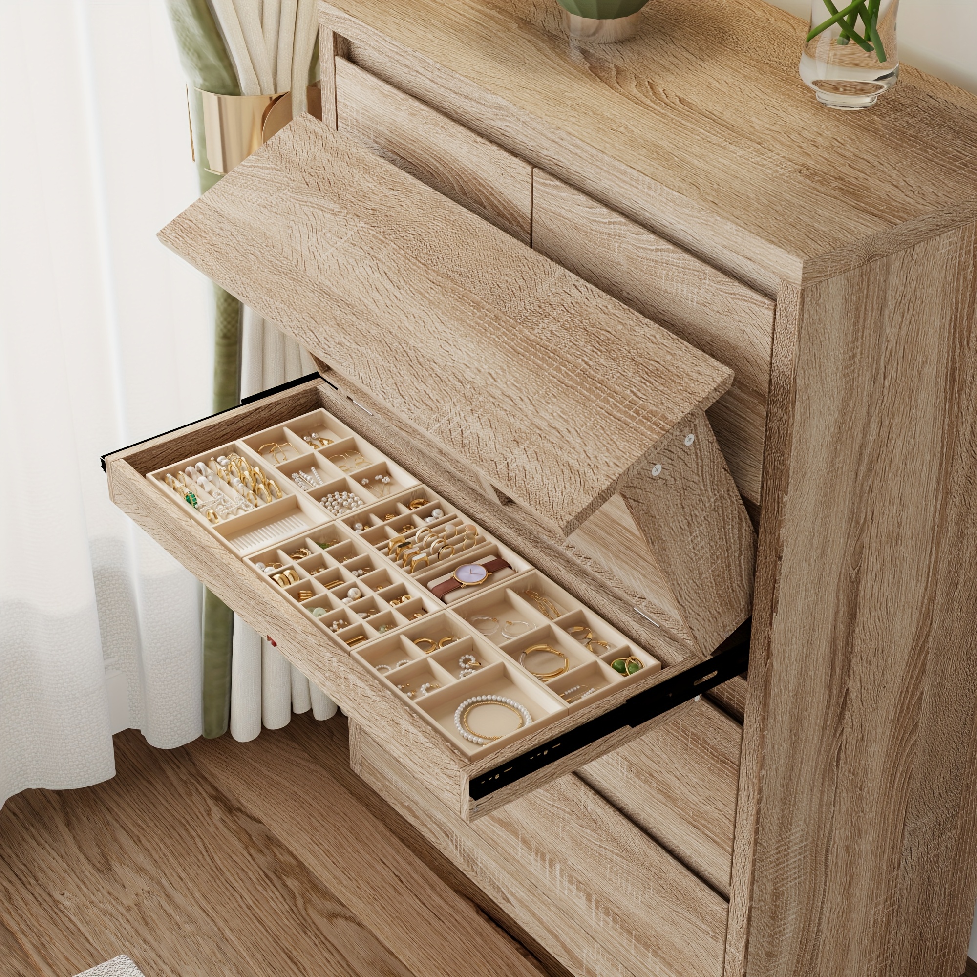 Modern 5-drawer Storage Cabinet with Top Sliding Door &amp; Swipe Card Electronic Lock, Bedside Table End Table with Hidden Storage Space, Drawer Cabinet 