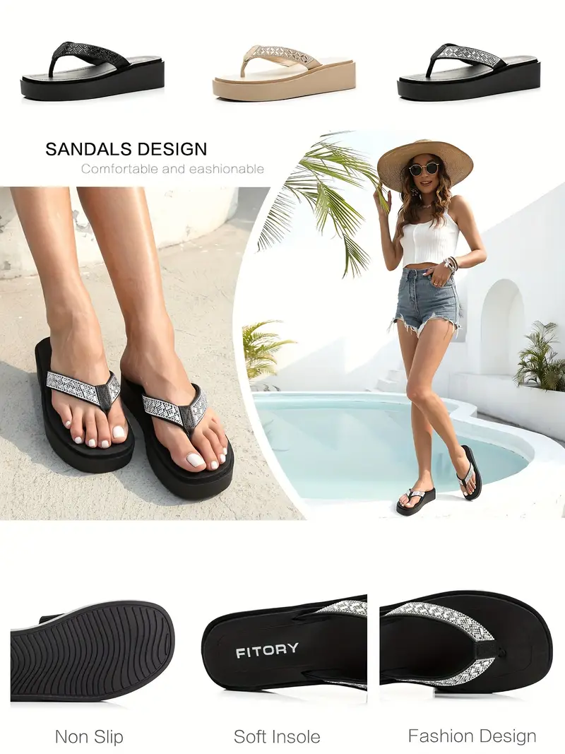 Women's Rhinestone Decor Flip Flops, Fashion Summer Wedge Slide Sandals ...