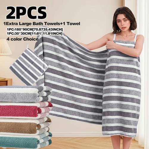 2pcs set of colorful wide striped bath towels including 1pc 90 x 180 cm 35 43 x 70 87 inch extra large bath towel and 1pc 30 x 30 81 x 11 81 inch washcloth super soft and absorbent hair towel super soft absorbent ideal for spa