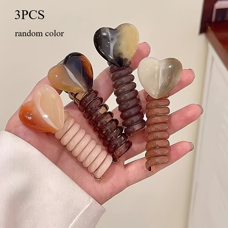 TEMU Random 3pcs Goddess New Style Premium Heart-shaped Telephone Cord Hair Ties For Ponytails, Braids, Twists, And Bubble Braids, Hair