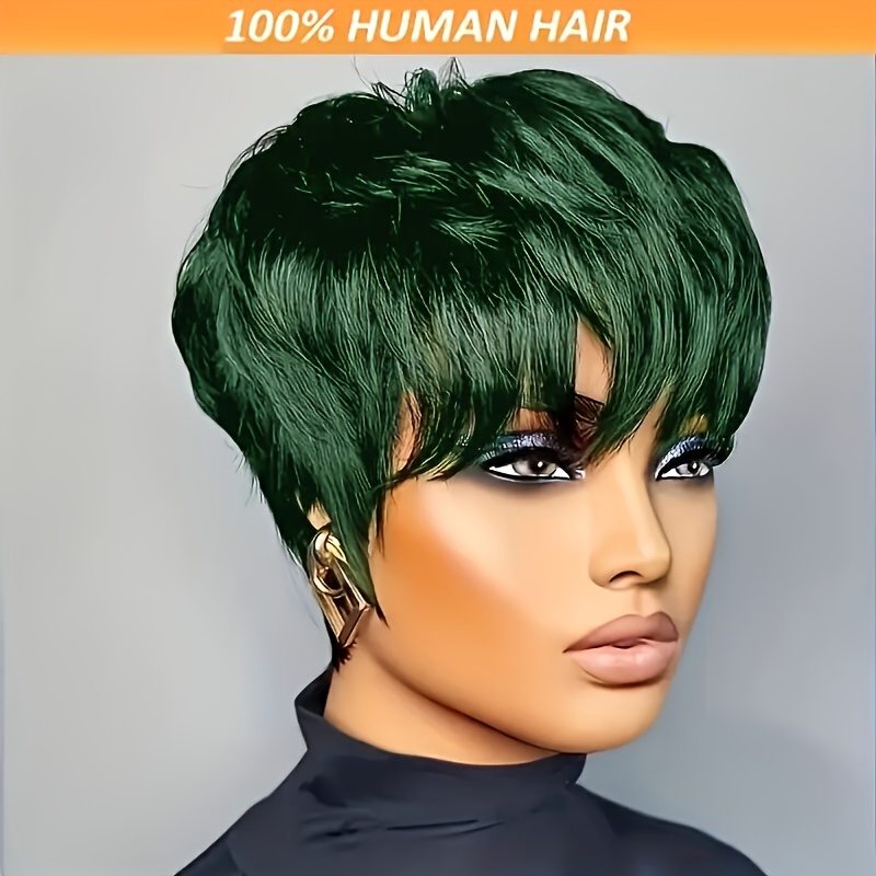 Image of Hair Cut Wig For Women | Colorful 6inch Short Layered Wigs With Bangs, Brazilian Human Hair, Glueless Wig, Ideal For Christmas Theme Parties, Concerts, Green Cosplay Party Wig