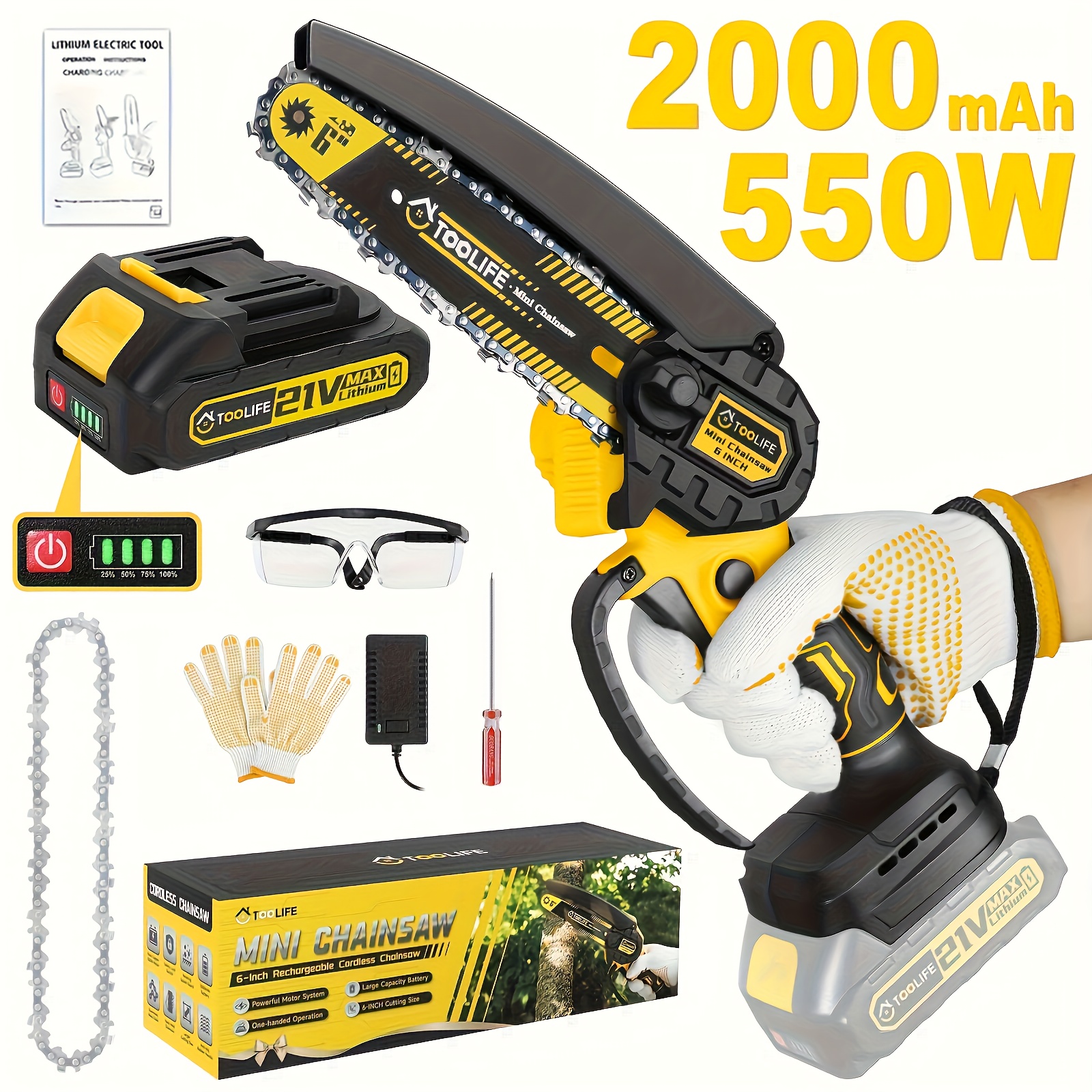 TEMU Cordless Mini Chainsaw, 6 Inch Handheld Electric Chainsaw, Portable With 1/2 Rechargeable Batteries & Toolbox, For Tree Trimming, Wood Cutting &