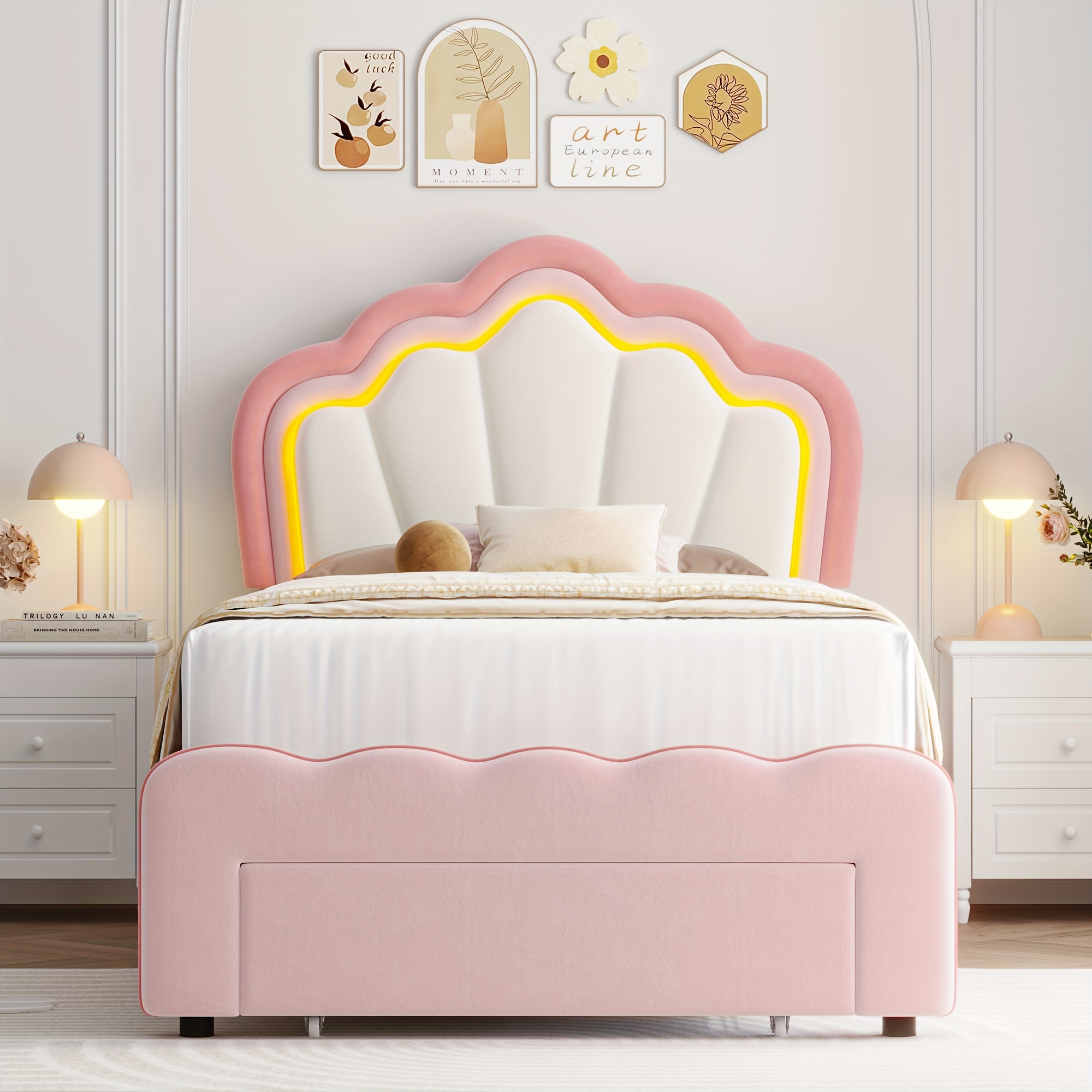 

Fultru Twin/full Led Bed Frame, Pink/ Blue Platform Bed With Large Drawer, Modern Upholstered Bed With Adjustable Lotus Headboard, Cute Girls/princess Bed, Wooden Slats Support, No Box Spring Needed