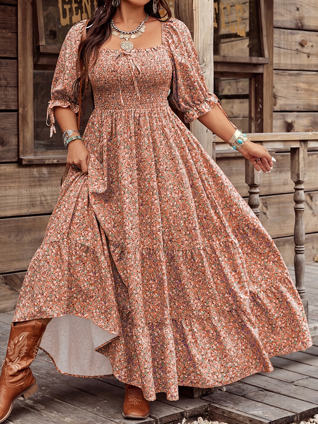 Plus Size * Style Floral * Neck Lantern Sleeve * Fit * Casual Dress YZ199