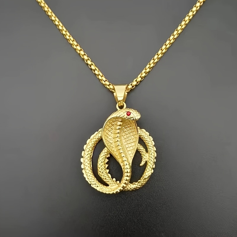 cool and handsome mens gold tone cobra pendant necklace with red eye detail antique gold plated zinc alloy hip hop style snake chain jewelry details 1