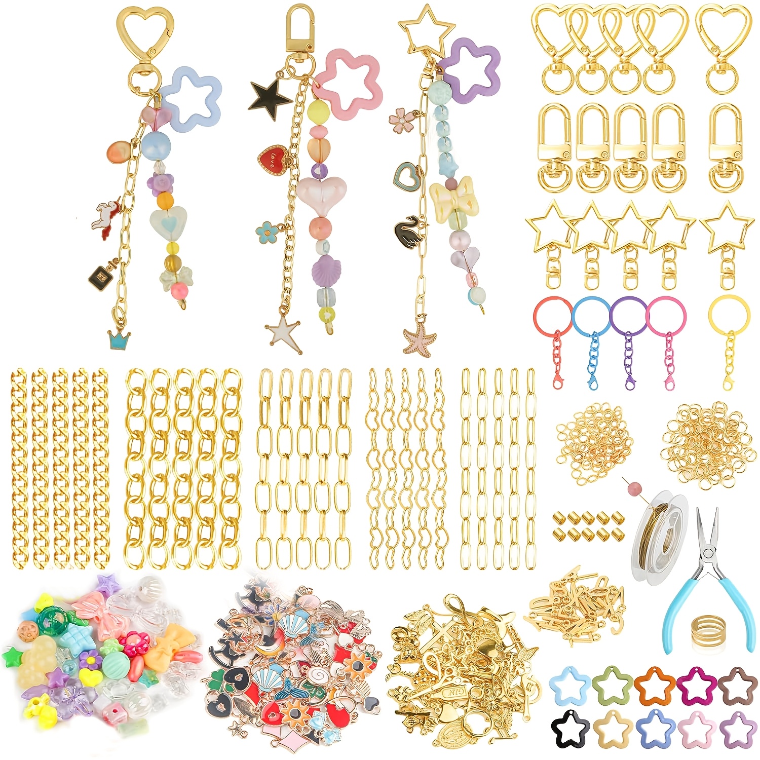 TEMU 354pcs Key Chain Making Set Includes 136 Pendants, 25 Extension Chains, 20 Key Chain Clips, Additions, And Pliers - Alloy, Suitable For Women