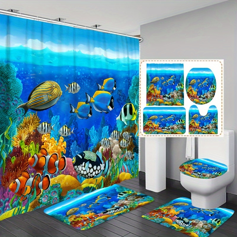 

1/3/4pcs Underwater World Printed Shower Curtain Set, Waterproof Shower Curtains With 12 Hooks, Non Slip Carpet, Toilet Lid Mat, U-shaped Bath Mat, Home Decoration, Bathroom Accessories