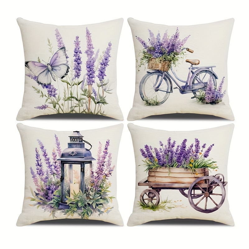 

4pcs, Lavender Flower Series Single Sided Checkered Print Throw Pillow Cover, Used For Home Outdoor Sofa Decoration