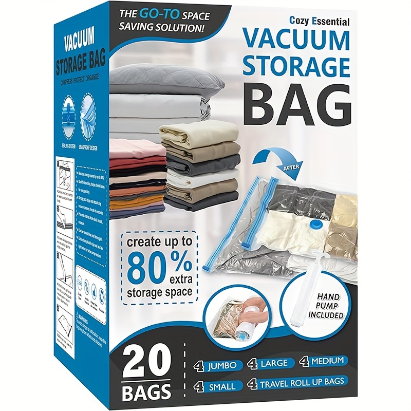 

20 Pack Vacuum Storage Bags, Space Saver Bags (4 Jumbo/4 Large/4 Medium/4 Small/4 Roll) Compression For Comforters And Blankets, Sealer Clothes Storage, Hand Pump Included