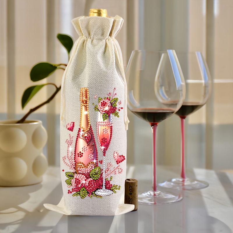 TEMU Sac à bouteille de vin pour peinture diamant - de vin en lin d'art diamant cristal de spéciale 5D, design de verre à vin de fleur, convient pour