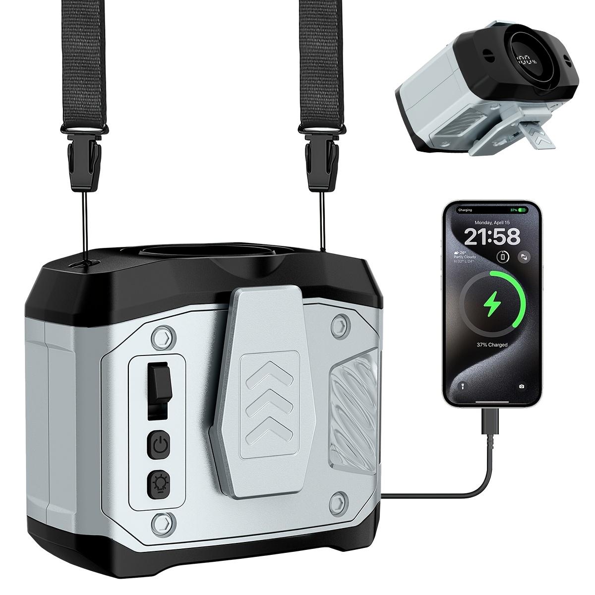 Image of Portable Waist Fan 6000mah Rechargeable, 7w Brushless Motor, 100 Wind , Phone Charger, Led Display, Flashlight, Desktop Stand, Lanyard For Outdoor Camping Hiking Fishing